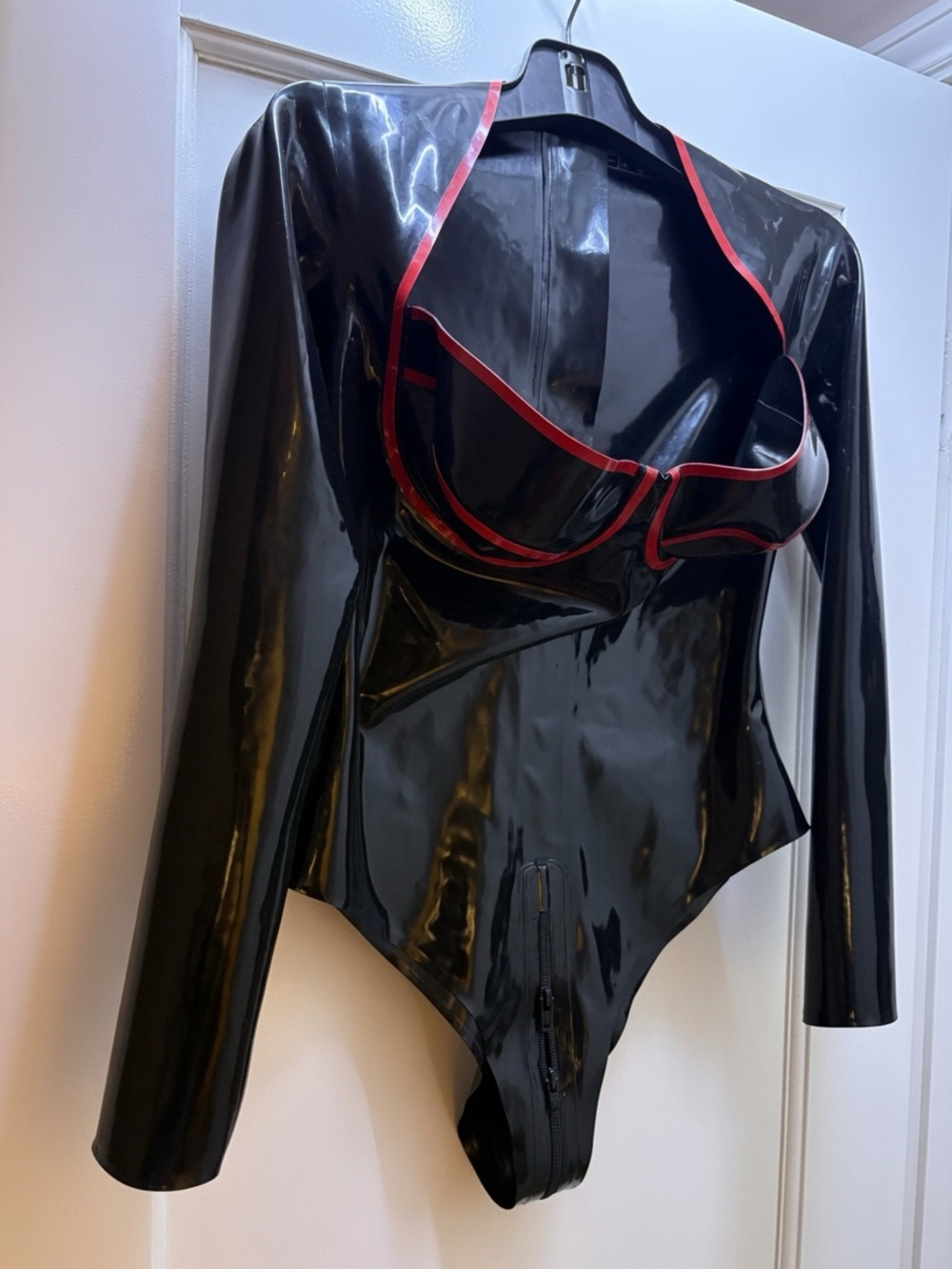Custom libidex Shiny Black Long-Sleeve Latex Bodysuit with Red Trim
